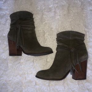 Jessica Simpson fringe olive green booties